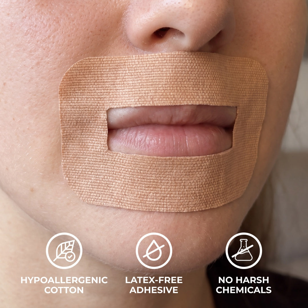 Close-up of MyoTape around the lips — hypoallergenic cotton, latex-free adhesive, no harsh chemicals