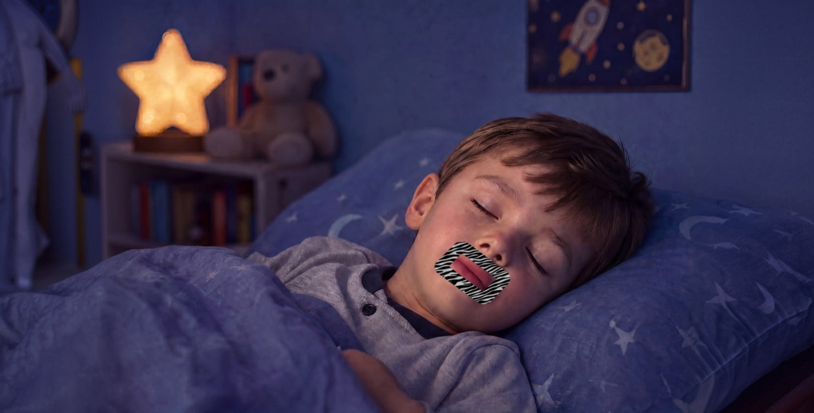 Child sleeping soundly wearing MyoTape for Kids