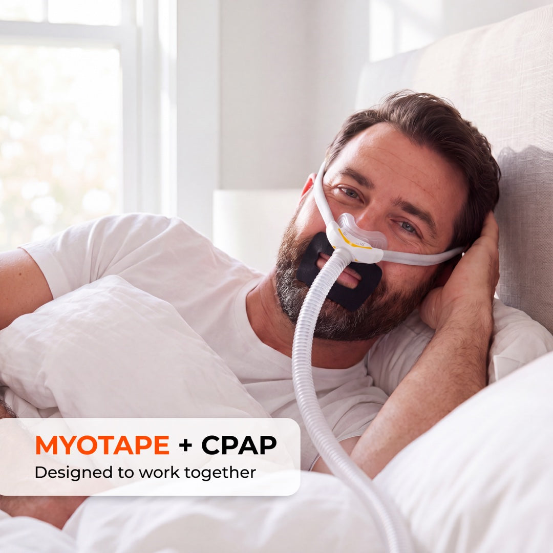 MyoTape worn with a nasal CPAP mask — designed to work together