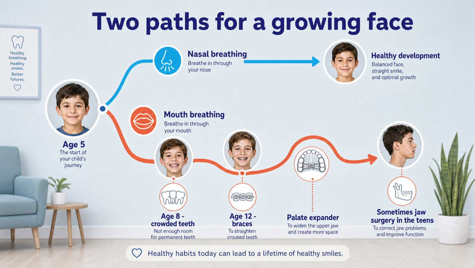 Two paths for a growing face — nasal breathing leads to healthy development; mouth breathing can lead to crowded teeth, braces, a palate expander and sometimes jaw surgery